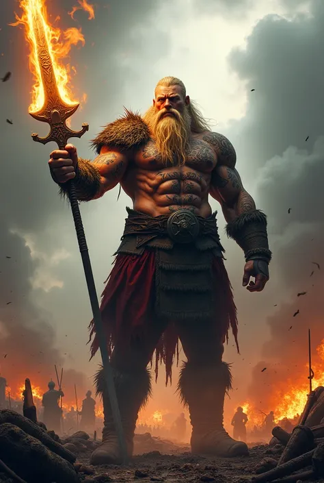  Image of a very tall and very strong Viking with tattoos with blond hair, holding a fiery sword in the middle of a bloody battlefield 