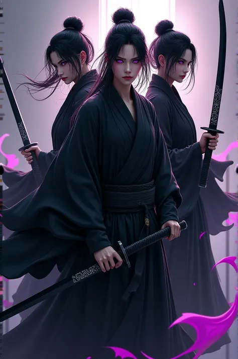  Three samurais in black kimono and purple eyes and a sword with a black blade. Some of the samurais have purple Japanese letters in the middle of the sword .