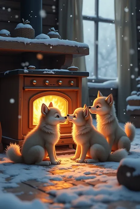 to January, oven, four little wolf, snowing in a home