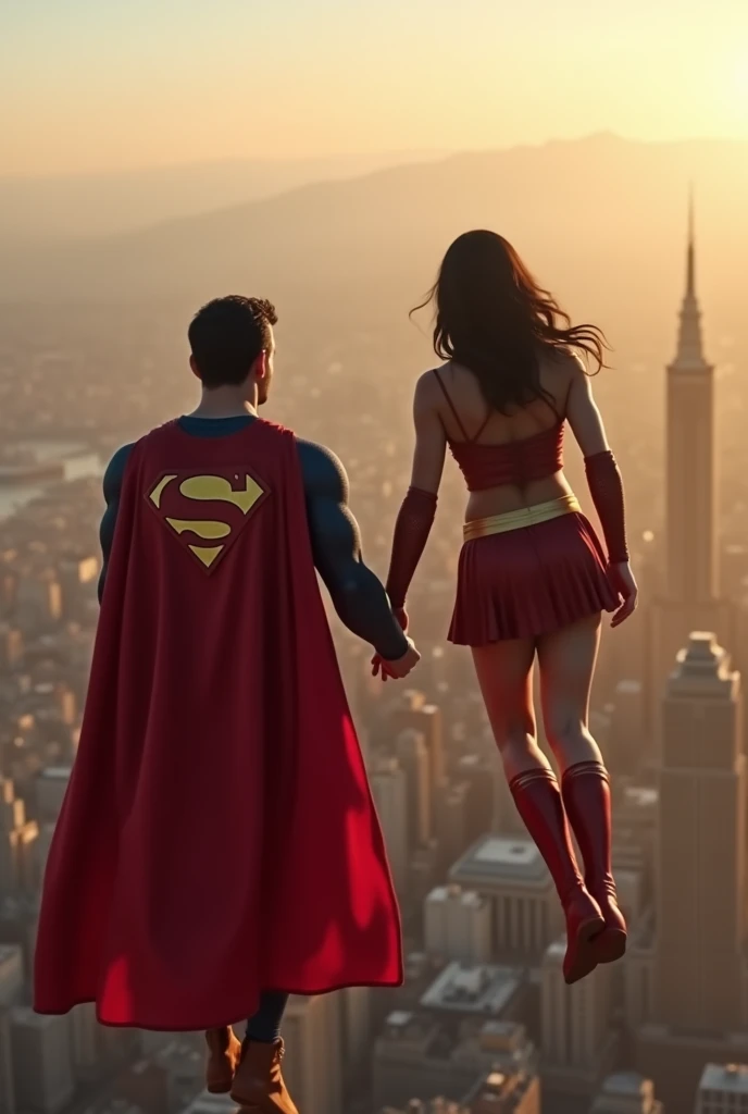 Real scene of white muscular man from 1,80 and 90 kg wearing the Superman outfit from the movie directed by Zack Snyder holding in the hand of his white sister with wavy black hair at shoulder length wearing the outfit of super girl with a red cover from t...