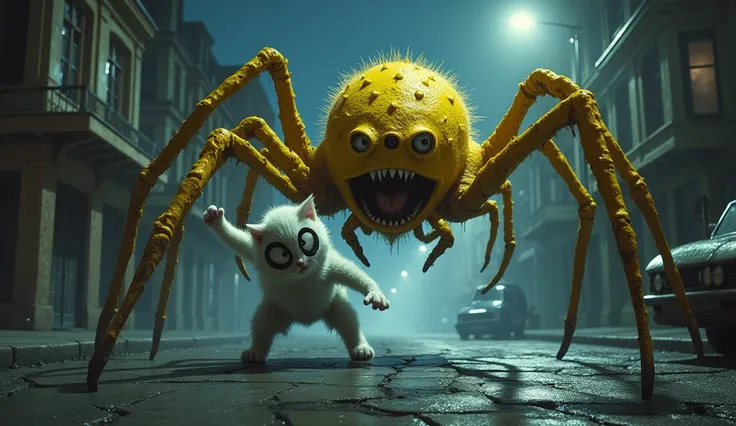 A yellow minion infected having theme of Gaint yellow spider monster and having battle with a strong white cat wearing spider Man uniform at creepy night street