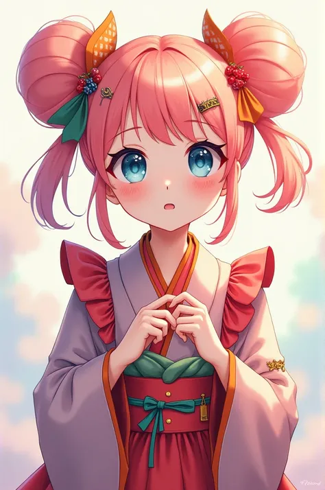 girl with peach pink hair, tied in two buns, barter blue eyes and wears an outfit similar to that of a Japanese idol