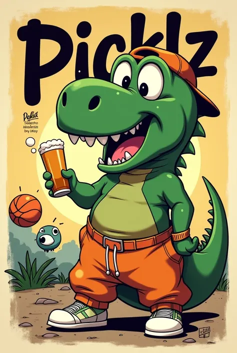  Laughing green dinosaur ,  big-headed , Pretty eyed ,  hip-hop style clothes , Vintage poster, Disney, Ghibli, Cuteness, Chubby ,  The title PICKLZ is written on the background ,  The title font is graffiti style  ,  Holding a beer glass , Throwing up ,  ...