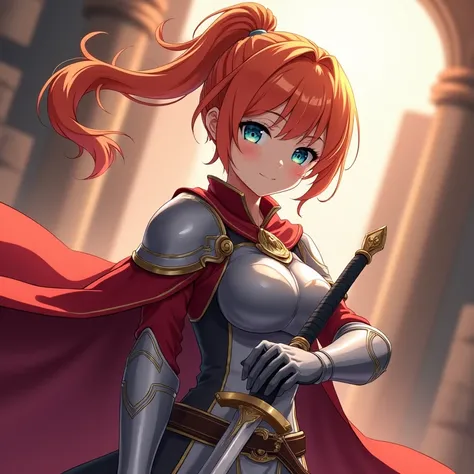  high resolution ,  HIGH QUALITY, UHD,  big breasts, ojos azules, limelight, Shine, depth of field,  illustration,  animated, arte digital,  anime girl with orange ponytail hairstyle, dressed as a Knight of the Brotherhood of Blood ,  brandishing a sword