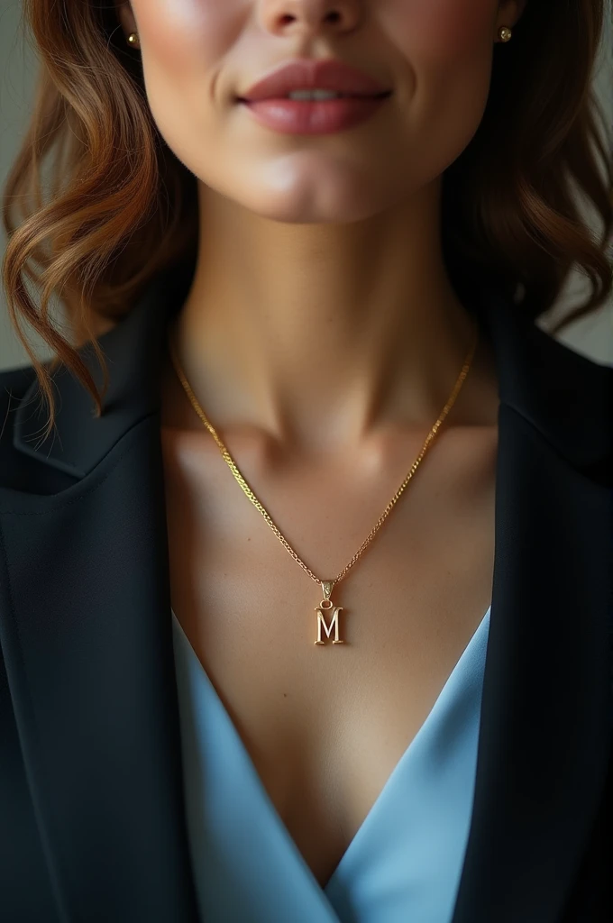 The image shows a close-up of a womans neck and upper body. She is wearing a gold necklace with a pendant in the shape of the letter "M". The pendant is in the center of the necklace and is made of gold. The woman is also wearing a light blue dress and a b...