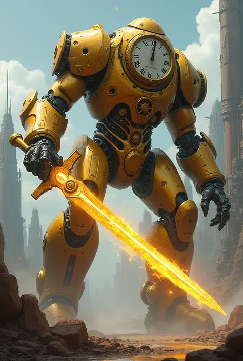 Titan Clockman with Clock Head,golden,holding Clock Sword,Core is Shiny Golden,High Technology with More advance Weapon,fighting with Titan Drillman,dragon form