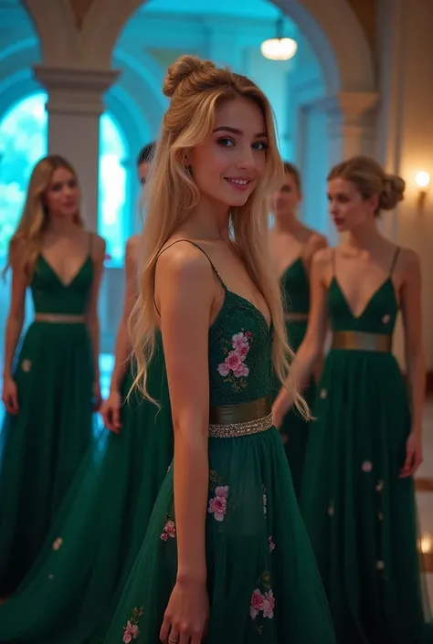 in an evening
in a castle setting
in pov
she is in a standing position
they make a smile
five young blonde Russian girls with long hair and a bun
long hair with a bun
in green evening dress with pink flowers
in black heels you can see their bodysuit 
we ca...