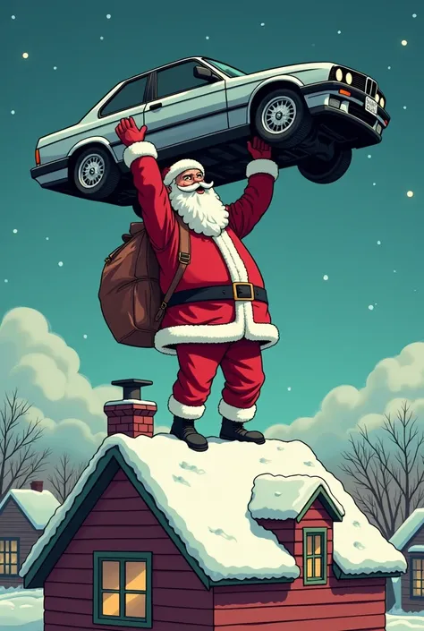 Santa Claus on the rooftop of a house . trying to throw a BMW E30 as a gift down the chimney.