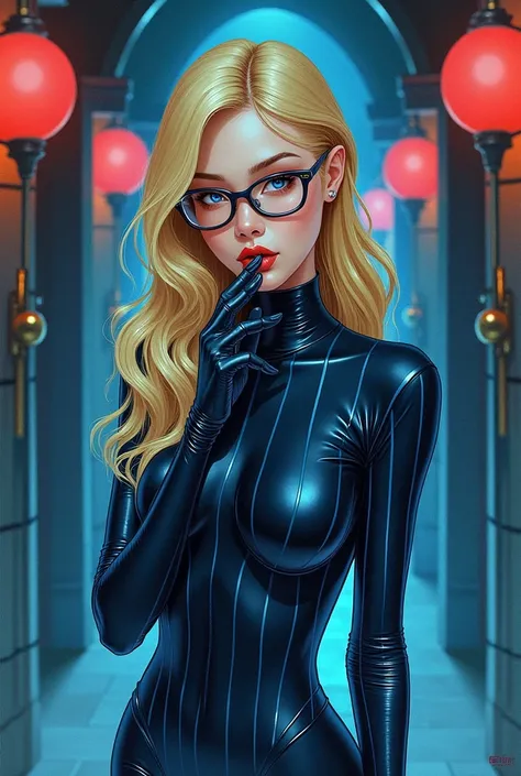 An art nouveau style watercolor image of a slender blonde asian woman. Hair combed back. Dark blue latex catsuit with light blue pinstripes. Round glasses. Touching her lips. Druillet style. Enki Bilal. Mesmerizing look. Ornamental dark neonlight backgroun...