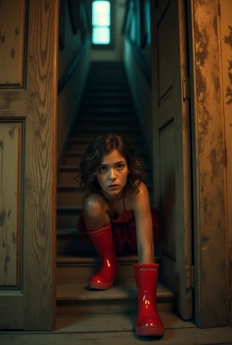  Creates an image of a beautiful 25-year-old flapper girl with Latin features peeking out hidden down the stairs of an old wooden house and dressed in red wellies , She has an expression of amazement and fear  
