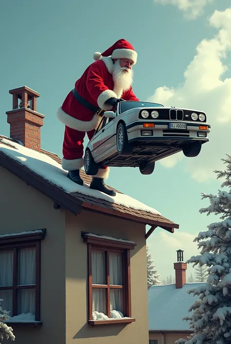 Santa Claus on the rooftop of a house . trying to throw a BMW E30 M3 as a gift down the chimney.