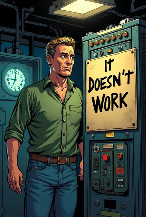  Here is the updated prompt :

" poster generates an image of a comic that Show a close up of the time machine with a sign that says It doesnt work.

man: 40 years old, green shirt,  denim pants 

_ Prompt Positive :_
 - The time machine must be the main f...