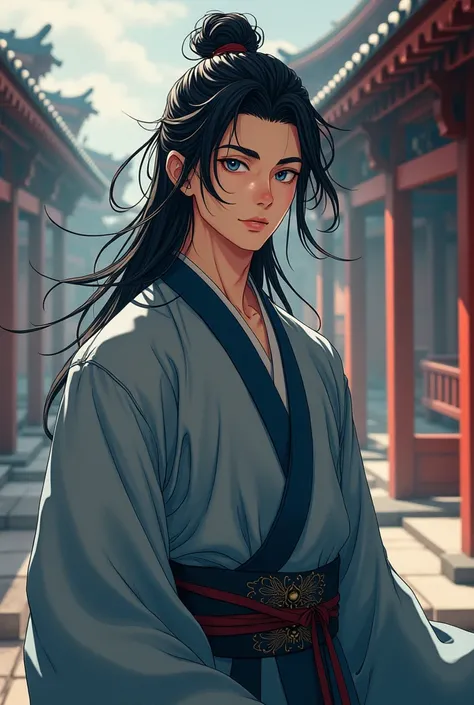 1990年代 anime style , retro artスタイル,One man in his 20s, Chinese style costume, kimono, middle ages ,  Long Sleeve , blabluek eyes, Long black hair character design, Perfect eyes, Perfect face,Expressive eyes, perfect balance,  viewers of the pin, Official A...