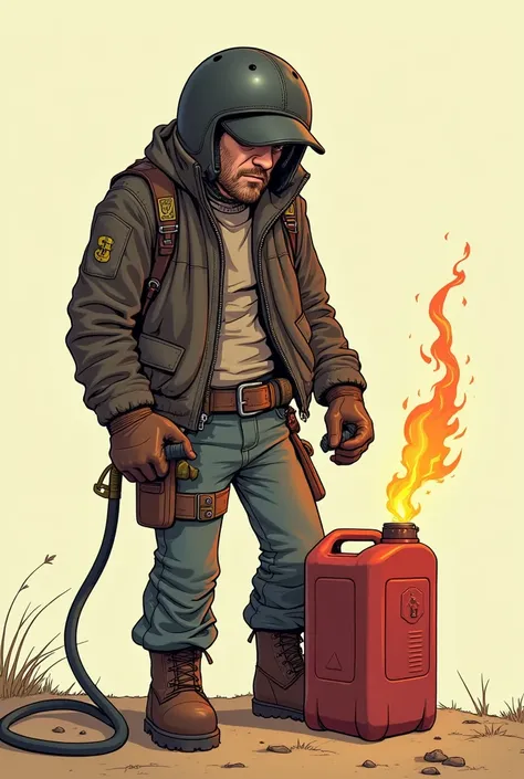 Lonely biker emptying gas can with lighter in hand in cartoon drawing and image without background