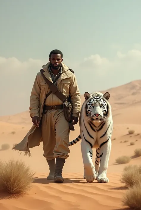 Realistic image of a  easily walking alongside a great white tiger in the desert 