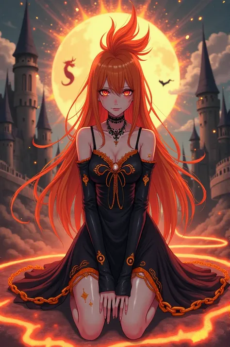   anime with long orange hair , with fiery mohawk ,  with torn fish gloves ,  with red eyes ,  crying black tears ,  with a beautiful long black dress with various orange effects,  magic background with castles and dragons , kneeling,  and circular magic a...