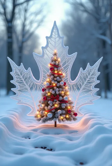 A delicate and artistic image of a snowy winter landscape in the silhouette of a maple leaf made of snow lying on a snowy road. Inside the leaf is an image of a decorated Christmas tree.