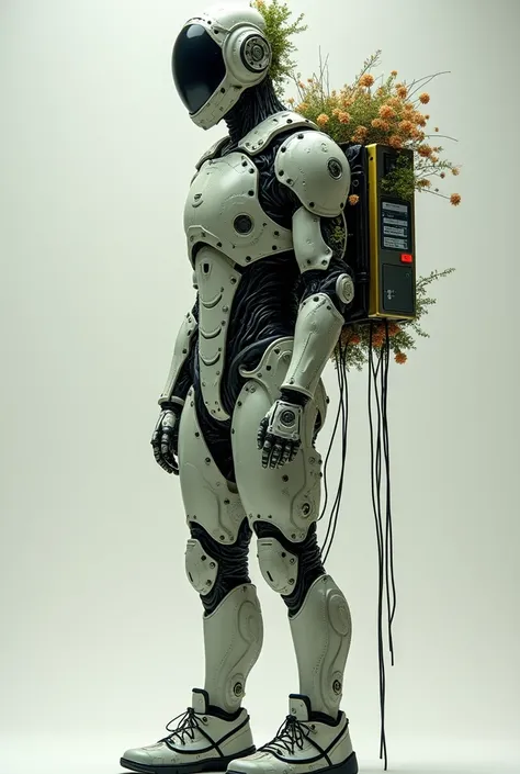 Combination of Bioenery, Chi, Spiritual Energy, Artificial Intelligence, Computer technology in Male whole body human form to see the feet with technological articial intelligence helmet and computer power supply bag pack as battery. More on human like fig...