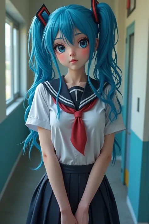 Blue hair wearing school uniform masturbating