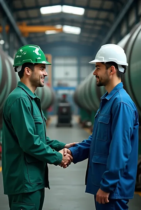 Create an image featuring two industrial workers shaking hands in a large factory setting, symbolizing trust and commitment. One worker wears a green uniform with a green safety helmet, and the other wears a blue uniform with a white helmet. The background...