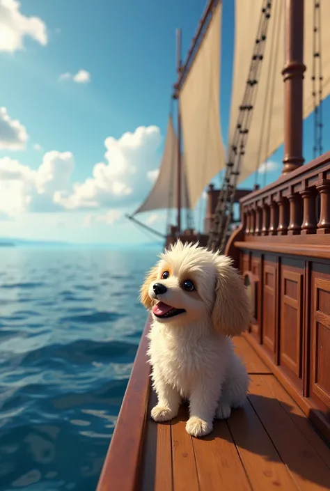 Here’s the updated prompt for your request:

"A cute dog sitting on the deck of a large wooden ship, floating on the calm sea, curiously looking at the water below. The ship is majestic with tall sails, intricate carvings, and detailed railings. The ocean ...