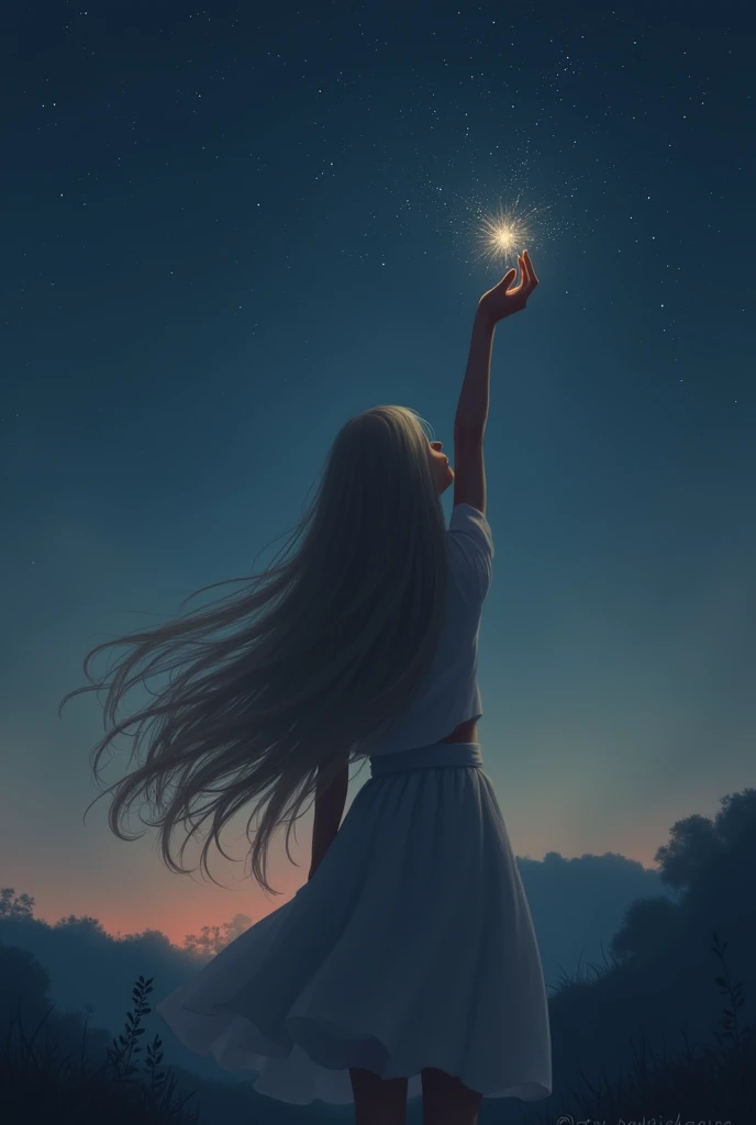  an image from the back , Of a light blond woman, straight hair, long and loose. Extend a hand to the sky , Trying to catch the brightest star. 