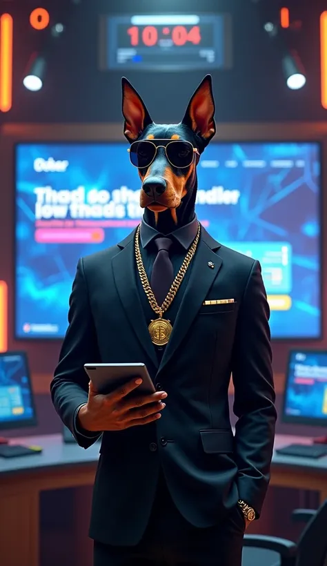 
A hyperrealistic image of Dober, a Doberman with a human body, standing proudly in front of a large, high-tech digital screen displaying the new $DOBER website homepage. The setting is a futuristic control room filled with glowing monitors, holograms, and...