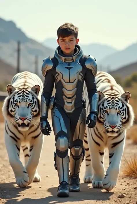 A young boy dressed in a war suit walks alongside 2 great white tigers beside him.