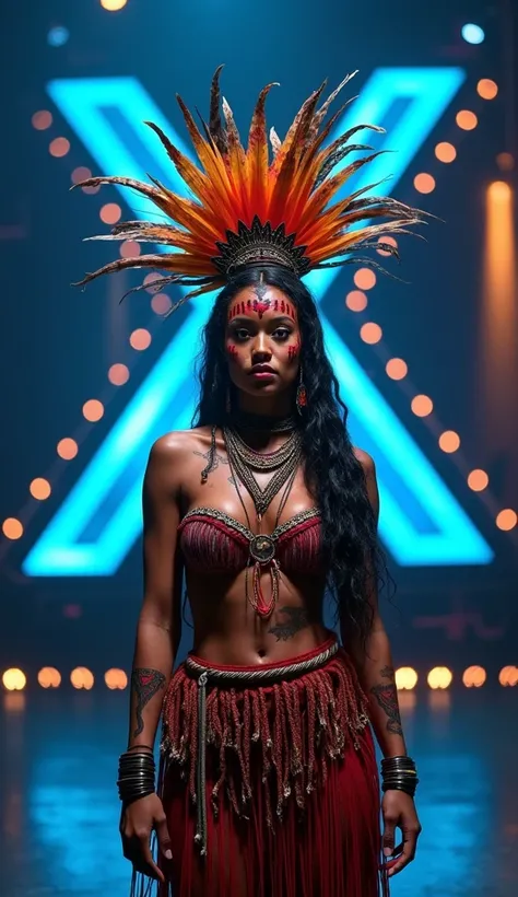 An Amazonian woman from the Yanomami tribe. She has intricate black and red face paint, a belt made of woven fibers, and a headdress made of vibrant tropical feathers. Standing proudly, in full view, looking at the camera on the AGT stage with gold and pur...