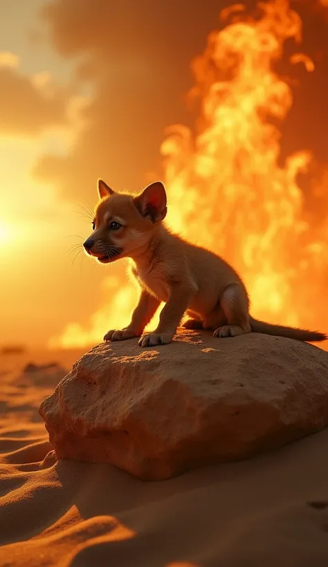  A high-definition HEIC image portrays a puppy Do you call a tiny dog , fragile and drenched ,  that of Somehow it is found atop a slippery rock in the middle of an arid and inhospitable desert .  The scorching heat distorts the horizon ,  and the orange s...