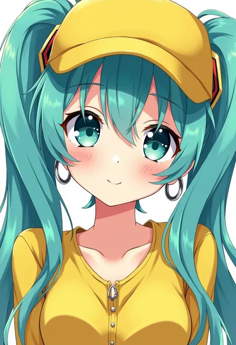 skistyle, miku hatsune, masterpiece, best quality, 1girl, blush, aqua eyes, cap, closed mouth, earrings, hat, hoop earrings, jewelry, looking at viewer, shirt, simple background, solo, upper body, yellow shirt