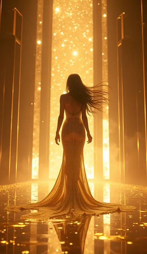 Create a stunning visual of a grand stage glowing with golden and silver lights, surrounded by sleek, reflective panels that echo the iconic AGT atmosphere. A woman steps forward, her presence commanding the stage. She wears a futuristic, mirror-like gown ...