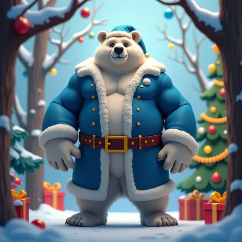 A white muscular furry bear in a blue Santa Claus costume stands against the background of a cartoon-style Christmas tree 