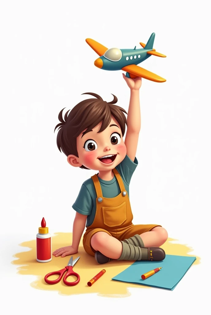  Disney classic style .  Наglueка.  on white background,   is a cute little preschooler boy sitting on the floor and holding an airplane in his hand above his head. Next to the floor, colored paper ,  glue,  scissors 