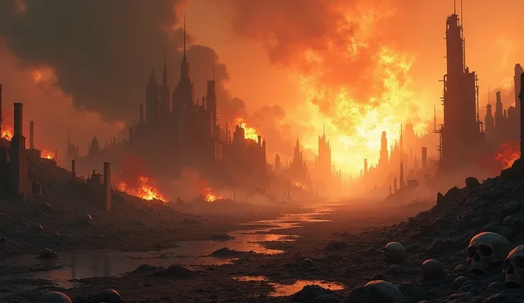  HIGH QUALITY, 8K ultra HD, City of Warhammer 40000 destroyed without life ,  of skulls on the ground in the distance plus fire and ash along the landscape and with a firestorm in the sky