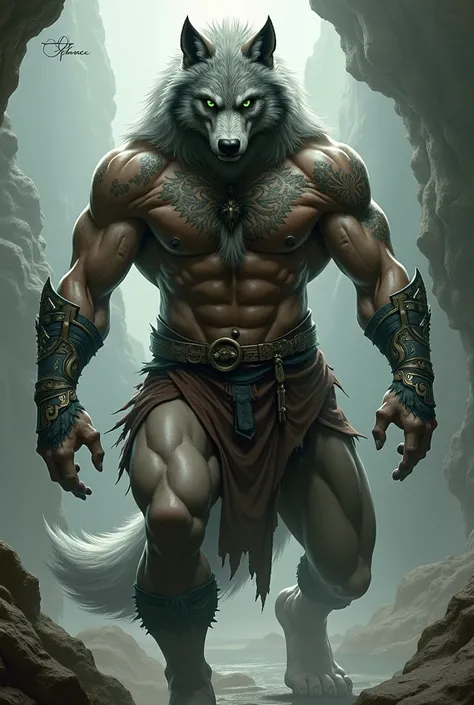 Keon Nakado, wolf, muscular, toned, green eyes, tribal, 