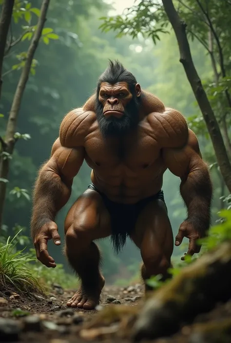 (side view:1.1),prehistoric era, (photo of a Neanderthals:1), (hyper realistic:1.4), (Neanderthal man:1.4),(big bulge:1.5), tall, bulky,hulk body, big forearms,  chubby belly, (very muscular:2), (hairy body:1.5),(detail face:1.1), tan skin, thick arms, (ve...