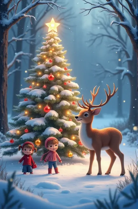 Biche, sapin de noël, enfants 