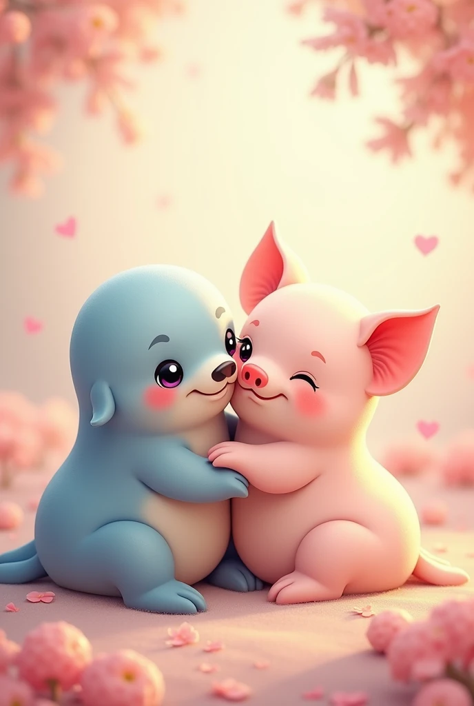 ((best quality)), ((masterpiece)), (detailed), cute seal, cute pig, in love 