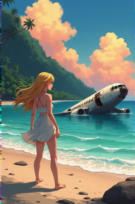 A stunning anime-style girl with flowing golden blonde hair stands on a secluded tropical beach at sunset, her beauty striking yet natural, with expressive eyes reflecting worry and determination. She wears a slightly torn summer dress, showing signs of he...