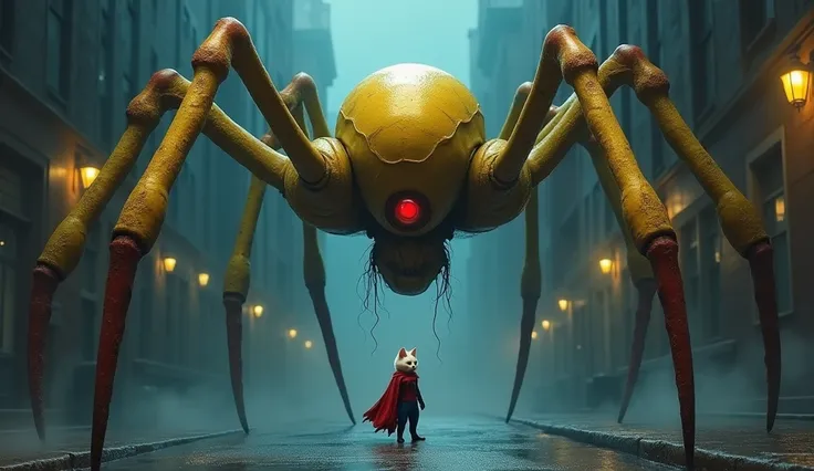 "A giant yellow spider-like monster with the head of a Minion, featuring multiple long, spindly legs, glowing red eyes, and a menacing expression, stands in a dark, creepy street at night. Facing the monster is a white gentleman cat dressed in a detailed S...