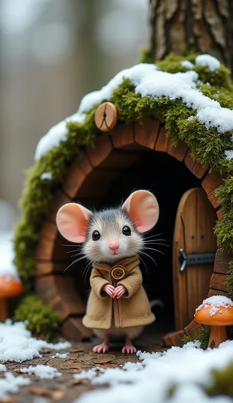 An anthropomorphic mouse with realistic fur, large ears, and bright eyes, standing at the entrance of a tiny woodland house made from a hollowed-out tree trunk. The mouse wears a small, handmade coat with a wooden button and tied with string. The house fea...