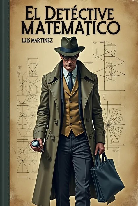  Cover of a book with the title in Spanish the mathematical detective and a drawing of A man dressed in the costume of a mathematical detective at the end of the image of: Luis Martinez  