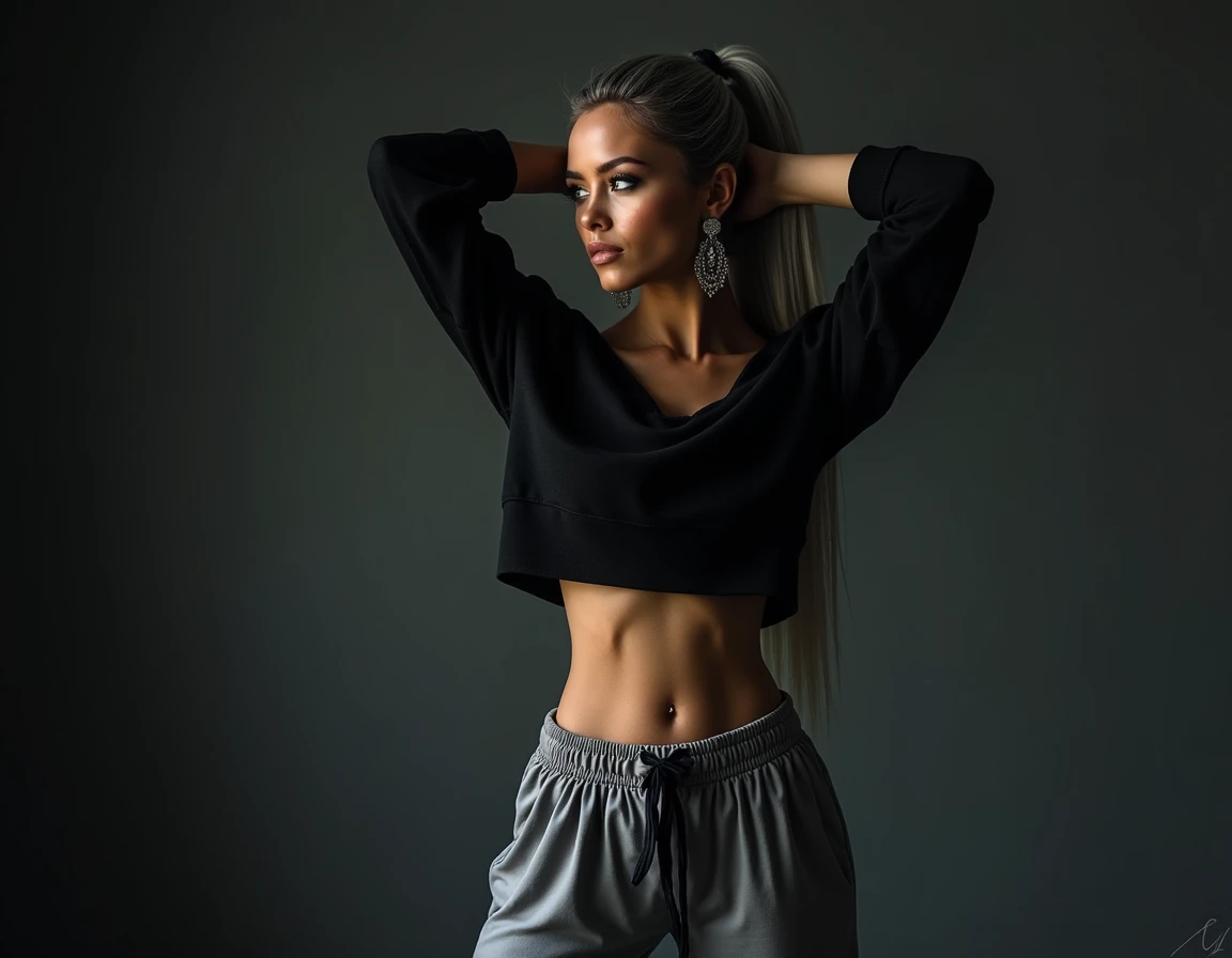  studio photo shoot .  double exposure , species. Game of Shadows. View from afar.
 Stylish bimbo fitnes girl ,  hands collects straight long gray hair into a high ponytail ,  half-side angle ,
 in a black tight sweater sweater removes arms raised over his...