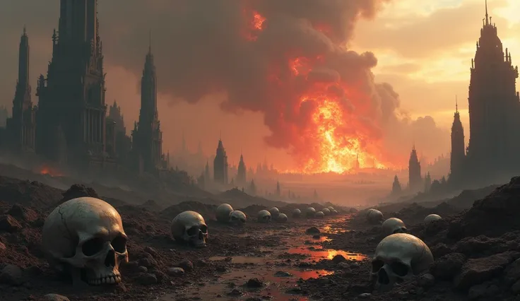  HIGH QUALITY, 8K ultra HD, City of Warhammer 40000 razed with demons ,  skulls on the ground in the distance plus fire and ash along the landscape and with a firestorm in the sky