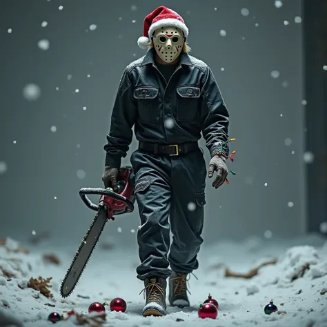  Cinematic photograph a blonde hair cut spiky frige short cross collar wears a Jason Voorhees mask, full black protection suit and combat boots, a ragged red Christmas hat, Using an electric saw wrapped in colorful Christmas lights, walk stealthily on a gr...