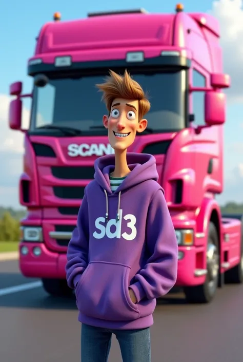 Truck driver in front of pink gay truck brand SCANIA. The driver is tall and skinny, blondish brown short hair with braces and a purple hoodie with SD3 on it