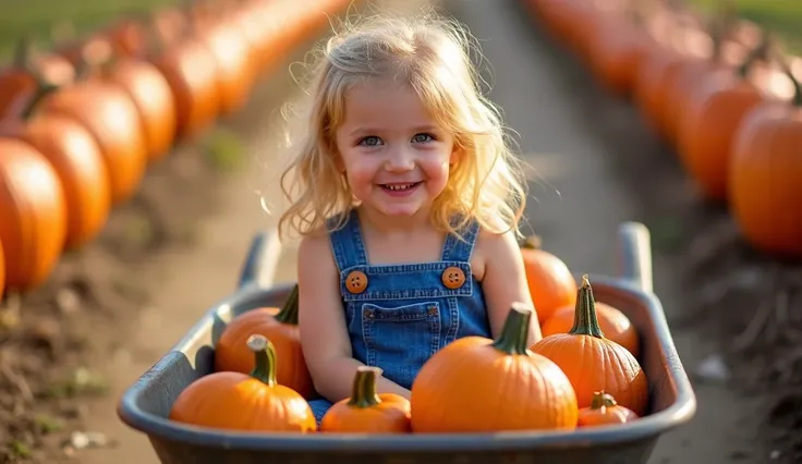 The image features a young  with fair skin and blond hair, who sits in a metal wheelbarrow full of orange pumpkins. The  is wearing a blue dress with two large buttons securing the straps and has a bright, cheerful smile, exuding a sense of joy and innocen...