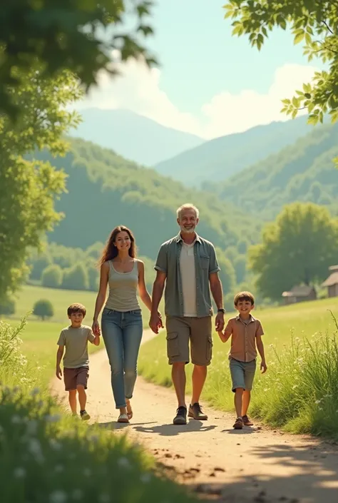 Man taking a walk with a boy, two young women and a boy  