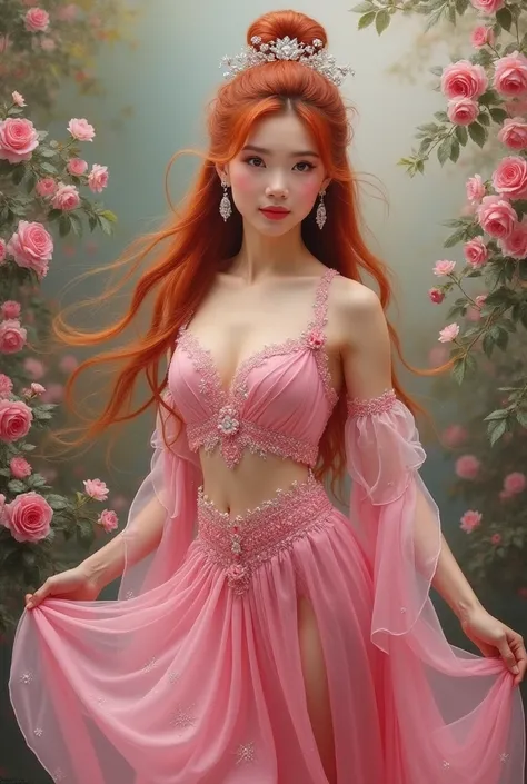 Full oil painting, beautiful looking, charming and kind young woman wearing a delicate pink fantasy Thai dance dress, long hair with red hair, a delicate voice, a background of a flower garden, 500k high definition.